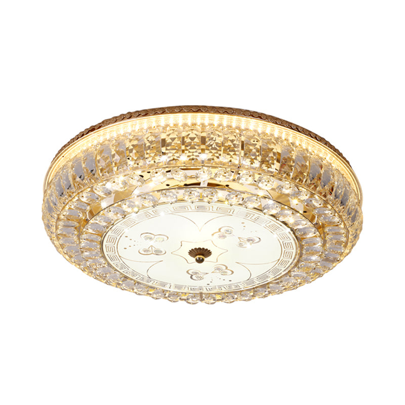 LED Drum Flush Light Modernism Clear Crystal Ceiling Light Fixture with Glass Diffuser and Flower/Butterfly Pattern in Gold Clearhalo 'Ceiling Lights' 'Close To Ceiling Lights' 'Close to ceiling' 'Flush mount' Lighting' 154623