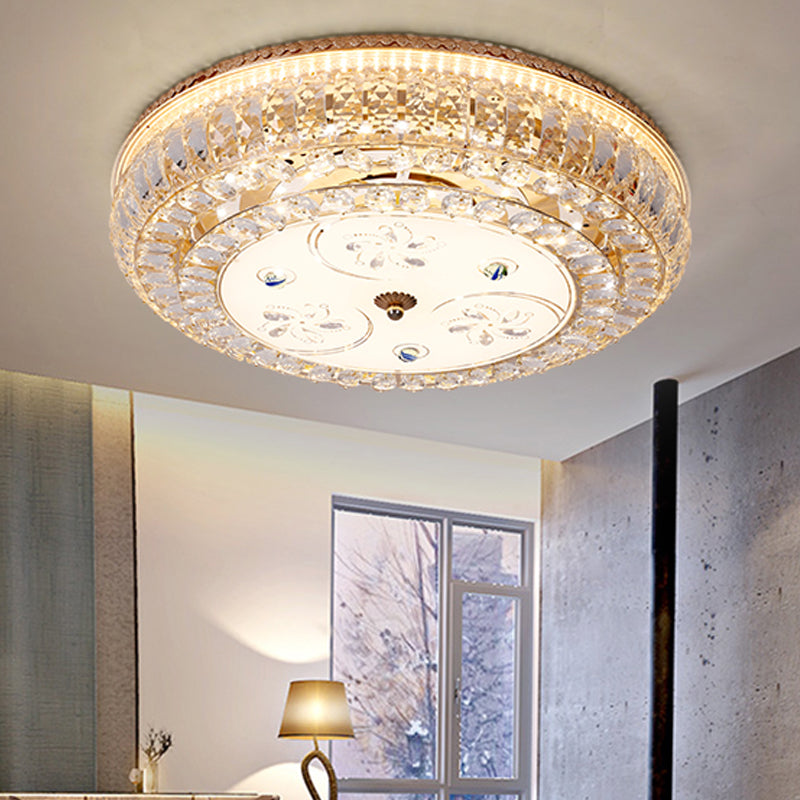 LED Drum Flush Light Modernism Clear Crystal Ceiling Light Fixture with Glass Diffuser and Flower/Butterfly Pattern in Gold Gold Flower Clearhalo 'Ceiling Lights' 'Close To Ceiling Lights' 'Close to ceiling' 'Flush mount' Lighting' 154626