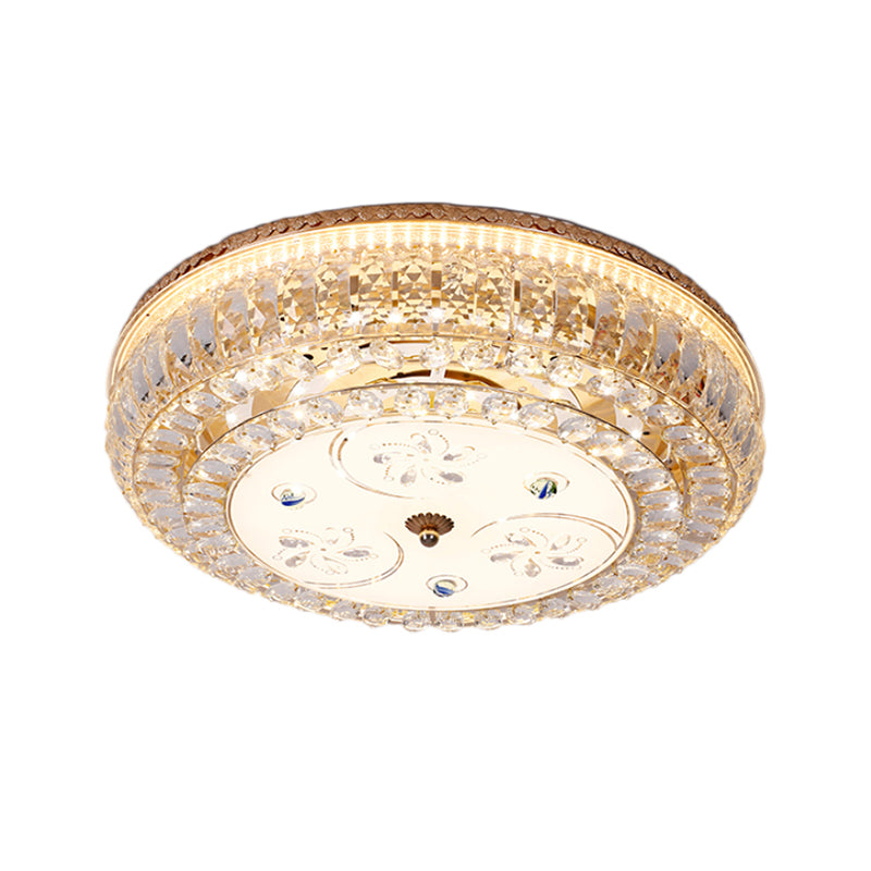 LED Drum Flush Light Modernism Clear Crystal Ceiling Light Fixture with Glass Diffuser and Flower/Butterfly Pattern in Gold Clearhalo 'Ceiling Lights' 'Close To Ceiling Lights' 'Close to ceiling' 'Flush mount' Lighting' 154628