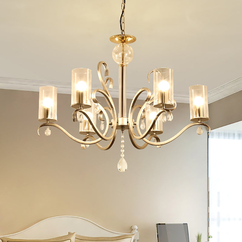 Vintage Style Cylindrical Chandelier Light Clear Glass 6/8 Lights Hanging Light with Crystal Drop in Champagne Clearhalo 'Ceiling Lights' 'Chandeliers' 'Glass shade' 'Glass' 'Modern Chandeliers' 'Modern' Lighting' 154638