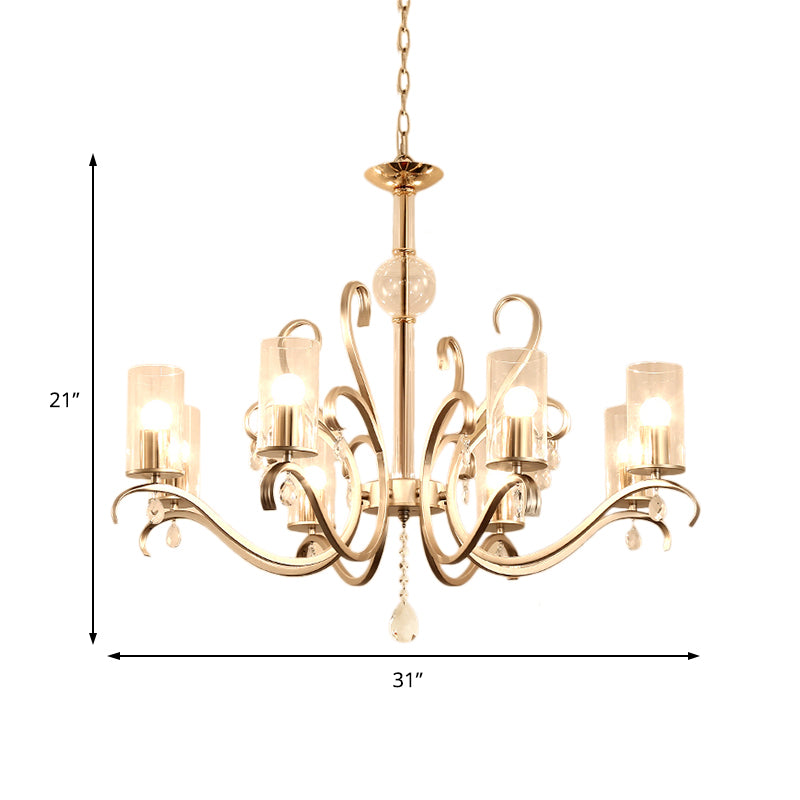 Vintage Style Cylindrical Chandelier Light Clear Glass 6/8 Lights Hanging Light with Crystal Drop in Champagne Clearhalo 'Ceiling Lights' 'Chandeliers' 'Glass shade' 'Glass' 'Modern Chandeliers' 'Modern' Lighting' 154644