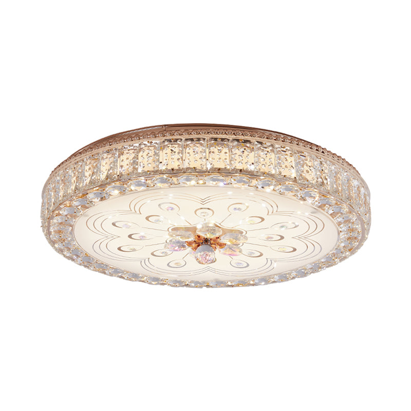 16"/19.5" Wide Round Ceiling Flush Light Metal and Crystal LED Flush Mount Lamp with Peacock Tail/Flower Pattern in Gold Clearhalo 'Ceiling Lights' 'Close To Ceiling Lights' 'Close to ceiling' 'Flush mount' Lighting' 154667