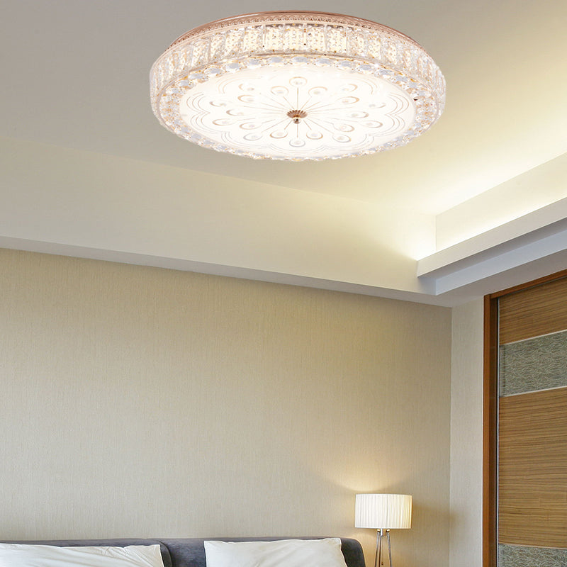 16"/19.5" Wide Round Ceiling Flush Light Metal and Crystal LED Flush Mount Lamp with Peacock Tail/Flower Pattern in Gold Clearhalo 'Ceiling Lights' 'Close To Ceiling Lights' 'Close to ceiling' 'Flush mount' Lighting' 154673