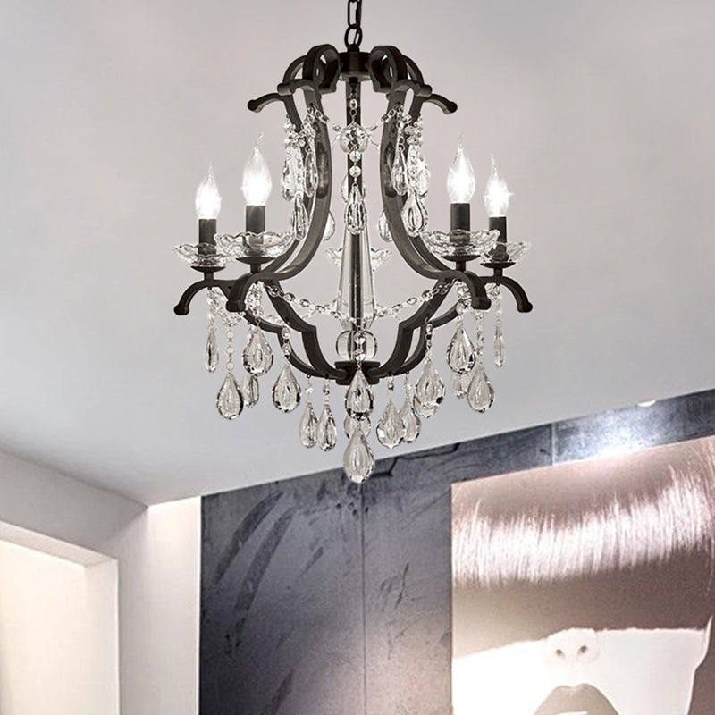 Flameless Candle Hanging Light Industrial Clear Crystal 5/6 Bulbs Pendant Light in Black for Bedroom Clearhalo 'Ceiling Lights' 'Chandeliers' 'Modern Chandeliers' 'Modern' Lighting' 154690