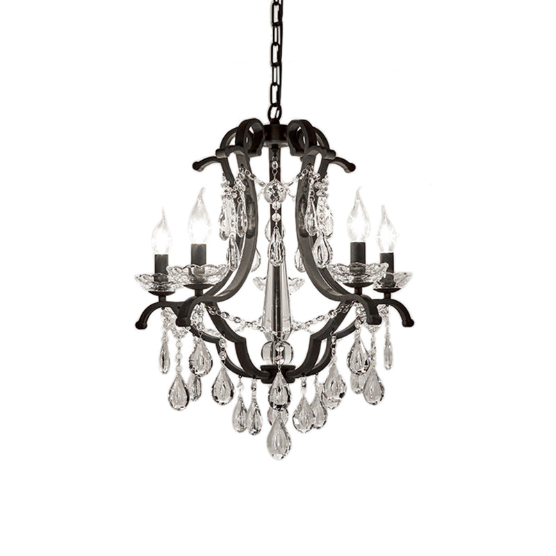 Flameless Candle Hanging Light Industrial Clear Crystal 5/6 Bulbs Pendant Light in Black for Bedroom Clearhalo 'Ceiling Lights' 'Chandeliers' 'Modern Chandeliers' 'Modern' Lighting' 154691