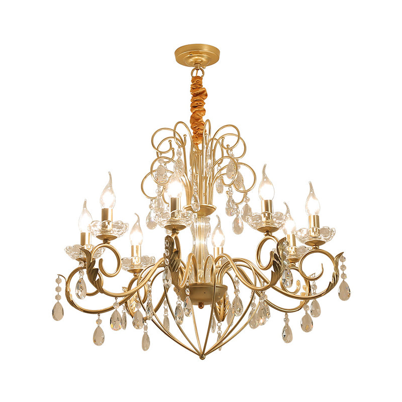 5/8 Lights Candle Hanging Lamp Vintage Style Metal and Crystal Height Adjustable Chandelier Pendant Light in Gold Clearhalo 'Ceiling Lights' 'Chandeliers' 'Modern Chandeliers' 'Modern' Lighting' 154718