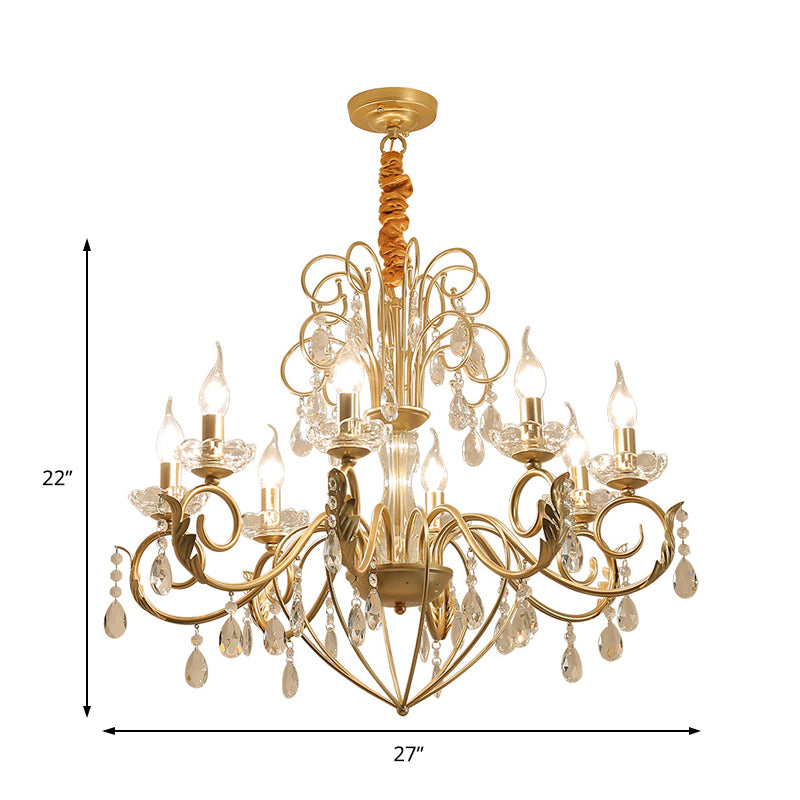 5/8 Lights Candle Hanging Lamp Vintage Style Metal and Crystal Height Adjustable Chandelier Pendant Light in Gold Clearhalo 'Ceiling Lights' 'Chandeliers' 'Modern Chandeliers' 'Modern' Lighting' 154719