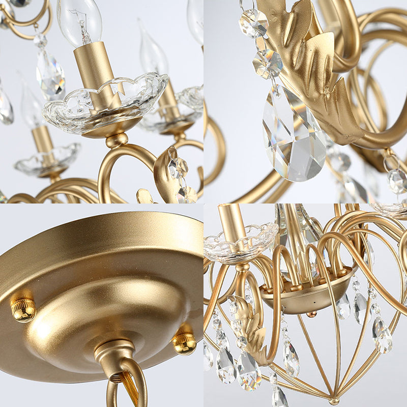 5/8 Lights Candle Hanging Lamp Vintage Style Metal and Crystal Height Adjustable Chandelier Pendant Light in Gold Clearhalo 'Ceiling Lights' 'Chandeliers' 'Modern Chandeliers' 'Modern' Lighting' 154720