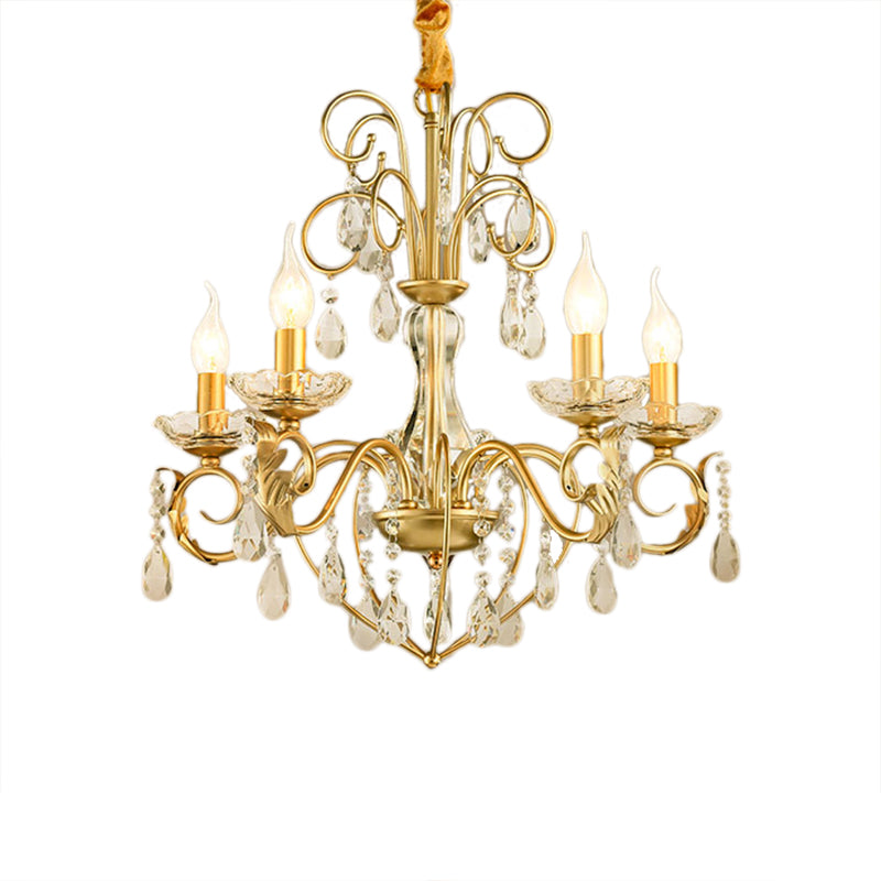 5/8 Lights Candle Hanging Lamp Vintage Style Metal and Crystal Height Adjustable Chandelier Pendant Light in Gold Clearhalo 'Ceiling Lights' 'Chandeliers' 'Modern Chandeliers' 'Modern' Lighting' 154723