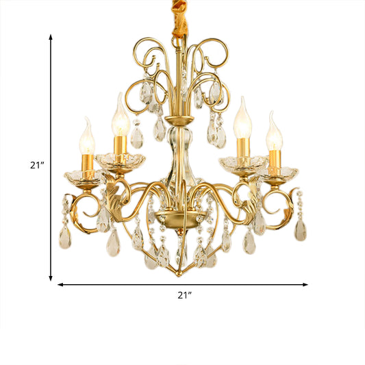 5/8 Lights Candle Hanging Lamp Vintage Style Metal and Crystal Height Adjustable Chandelier Pendant Light in Gold Clearhalo 'Ceiling Lights' 'Chandeliers' 'Modern Chandeliers' 'Modern' Lighting' 154724