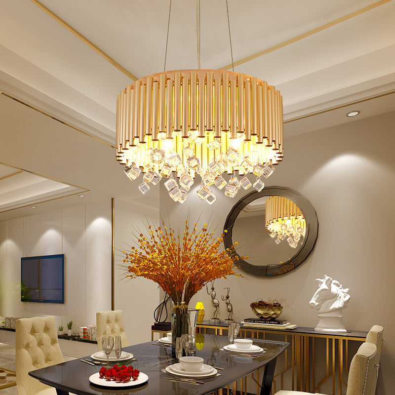 4/5 Lights Drum Hanging Pendant Light Modern Metal Chandelier Light with Cubic Crystal Accent in Gold, 16"/19.5" W Gold 16" Clearhalo 'Ceiling Lights' 'Chandeliers' 'Modern Chandeliers' 'Modern' Lighting' 154733