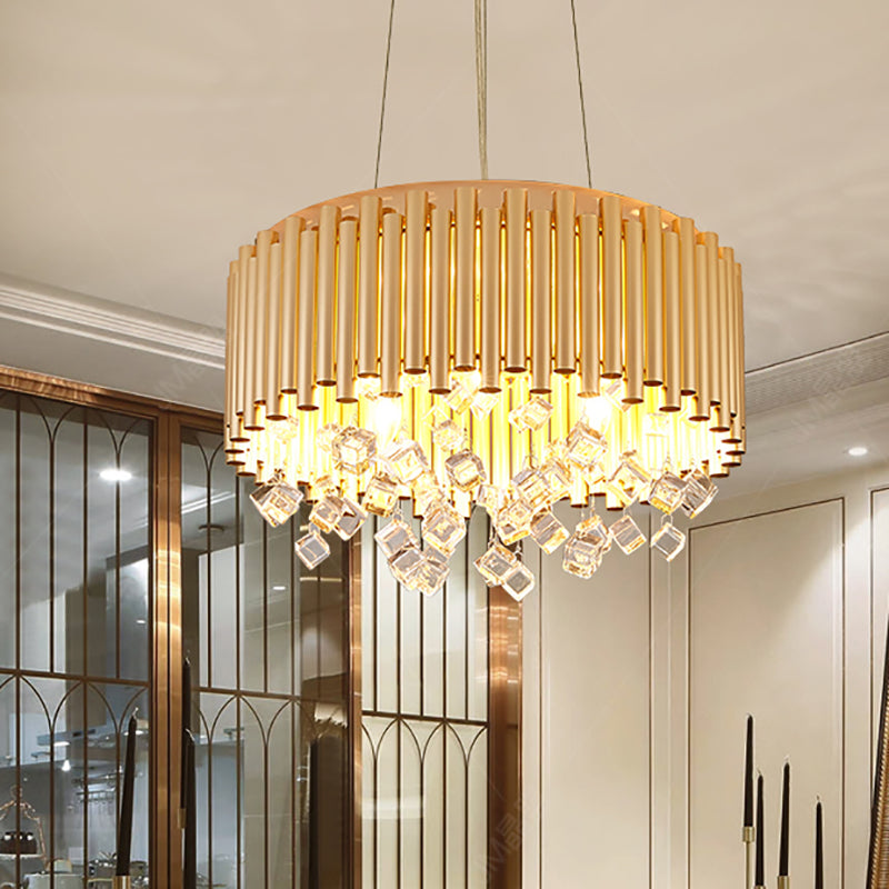 4/5 Lights Drum Hanging Pendant Light Modern Metal Chandelier Light with Cubic Crystal Accent in Gold, 16"/19.5" W Clearhalo 'Ceiling Lights' 'Chandeliers' 'Modern Chandeliers' 'Modern' Lighting' 154734