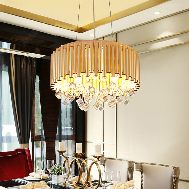 4/5 Lights Drum Hanging Pendant Light Modern Metal Chandelier Light with Cubic Crystal Accent in Gold, 16"/19.5" W Gold 19.5" Clearhalo 'Ceiling Lights' 'Chandeliers' 'Modern Chandeliers' 'Modern' Lighting' 154735