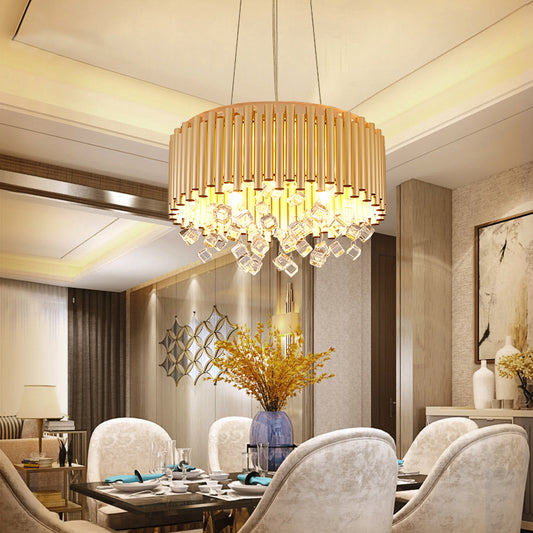 4/5 Lights Drum Hanging Pendant Light Modern Metal Chandelier Light with Cubic Crystal Accent in Gold, 16"/19.5" W Clearhalo 'Ceiling Lights' 'Chandeliers' 'Modern Chandeliers' 'Modern' Lighting' 154736