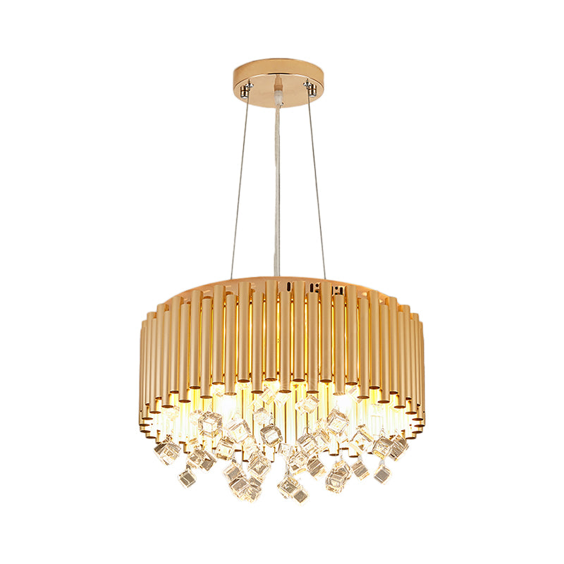 4/5 Lights Drum Hanging Pendant Light Modern Metal Chandelier Light with Cubic Crystal Accent in Gold, 16"/19.5" W Clearhalo 'Ceiling Lights' 'Chandeliers' 'Modern Chandeliers' 'Modern' Lighting' 154737