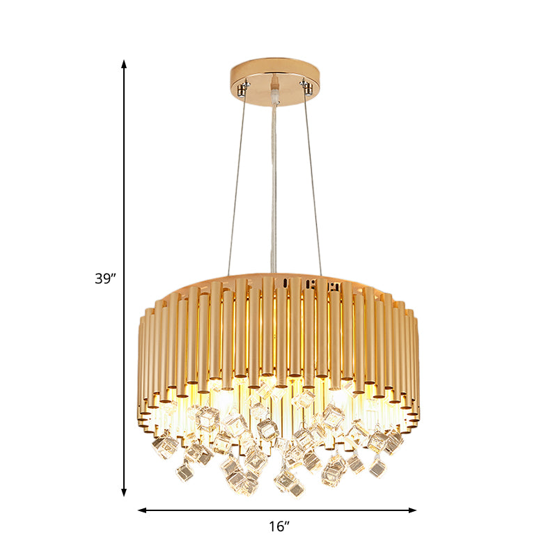 4/5 Lights Drum Hanging Pendant Light Modern Metal Chandelier Light with Cubic Crystal Accent in Gold, 16"/19.5" W Clearhalo 'Ceiling Lights' 'Chandeliers' 'Modern Chandeliers' 'Modern' Lighting' 154738