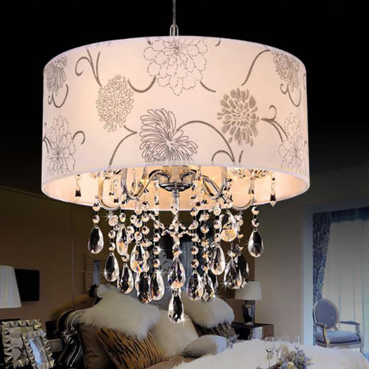 Contemporary Drum Chandelier Light White Fabric 5 Lights Hanging Fixture with Flower Pattern and Clear Crystal Bead White Clearhalo 'Ceiling Lights' 'Chandeliers' 'Modern Chandeliers' 'Modern' Lighting' 154746