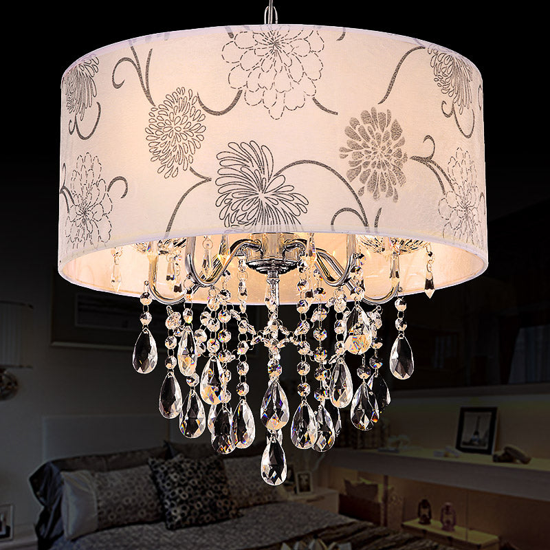 Contemporary Drum Chandelier Light White Fabric 5 Lights Hanging Fixture with Flower Pattern and Clear Crystal Bead Clearhalo 'Ceiling Lights' 'Chandeliers' 'Modern Chandeliers' 'Modern' Lighting' 154747