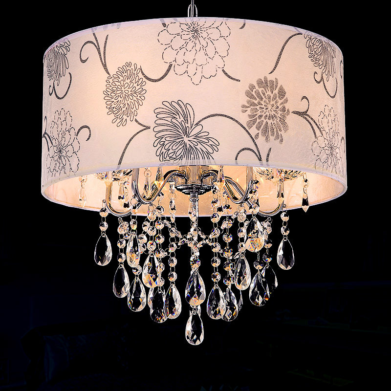 Contemporary Drum Chandelier Light White Fabric 5 Lights Hanging Fixture with Flower Pattern and Clear Crystal Bead Clearhalo 'Ceiling Lights' 'Chandeliers' 'Modern Chandeliers' 'Modern' Lighting' 154748