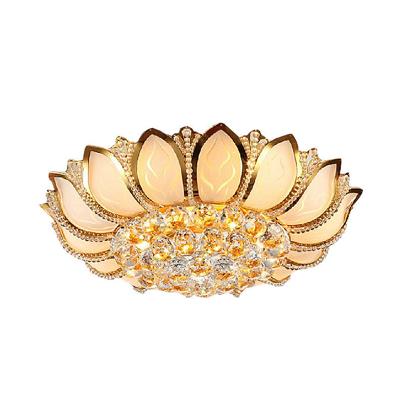 Vintage Petal Flush Ceiling Light Frosted Glass Multi Light Ceiling Mounted Light with Clear Crystal Ball Deco in Gold, 18"/19.5" W Clearhalo 'Ceiling Lights' 'Close To Ceiling Lights' 'Close to ceiling' 'Flush mount' Lighting' 154757