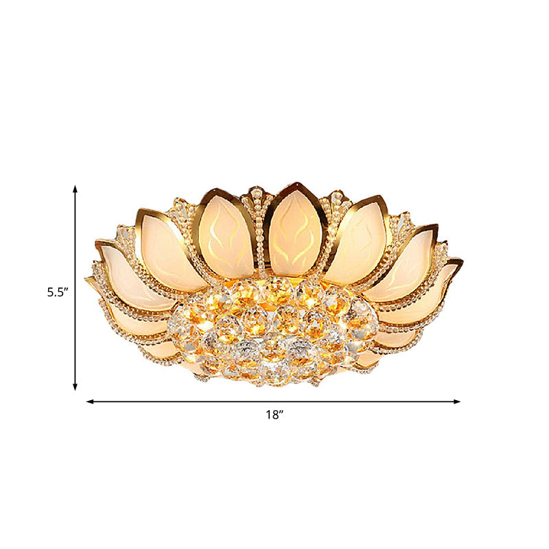 Vintage Petal Flush Ceiling Light Frosted Glass Multi Light Ceiling Mounted Light with Clear Crystal Ball Deco in Gold, 18"/19.5" W Clearhalo 'Ceiling Lights' 'Close To Ceiling Lights' 'Close to ceiling' 'Flush mount' Lighting' 154758