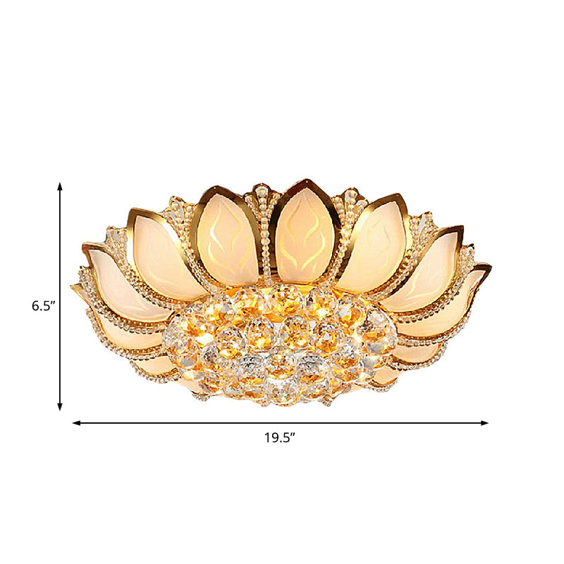 Vintage Petal Flush Ceiling Light Frosted Glass Multi Light Ceiling Mounted Light with Clear Crystal Ball Deco in Gold, 18"/19.5" W Clearhalo 'Ceiling Lights' 'Close To Ceiling Lights' 'Close to ceiling' 'Flush mount' Lighting' 154759