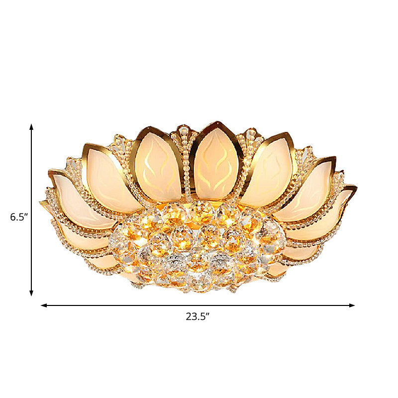 Vintage Petal Flush Ceiling Light Frosted Glass Multi Light Ceiling Mounted Light with Clear Crystal Ball Deco in Gold, 18"/19.5" W Clearhalo 'Ceiling Lights' 'Close To Ceiling Lights' 'Close to ceiling' 'Flush mount' Lighting' 154760