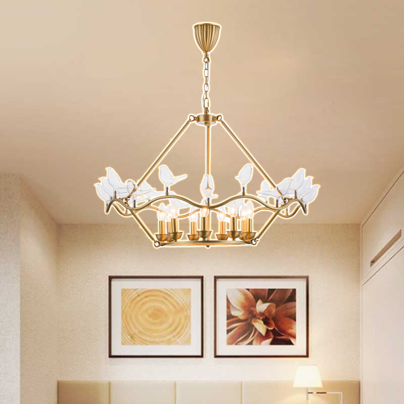 Postmodern Candle Chandelier Iron 6/9-Head Living Room Ceiling Hung Fixture in Gold with Clear Glass Birds 9 Gold Clearhalo 'Ceiling Lights' 'Chandeliers' 'Modern Chandeliers' 'Modern' Lighting' 154766