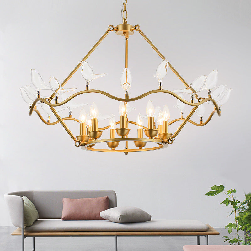 Postmodern Candle Chandelier Iron 6/9-Head Living Room Ceiling Hung Fixture in Gold with Clear Glass Birds Clearhalo 'Ceiling Lights' 'Chandeliers' 'Modern Chandeliers' 'Modern' Lighting' 154767