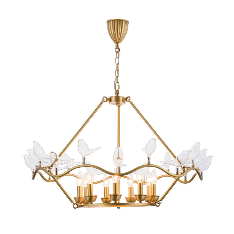 Postmodern Candle Chandelier Iron 6/9-Head Living Room Ceiling Hung Fixture in Gold with Clear Glass Birds Clearhalo 'Ceiling Lights' 'Chandeliers' 'Modern Chandeliers' 'Modern' Lighting' 154768