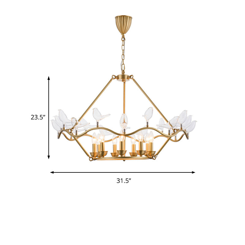 Postmodern Candle Chandelier Iron 6/9-Head Living Room Ceiling Hung Fixture in Gold with Clear Glass Birds Clearhalo 'Ceiling Lights' 'Chandeliers' 'Modern Chandeliers' 'Modern' Lighting' 154769