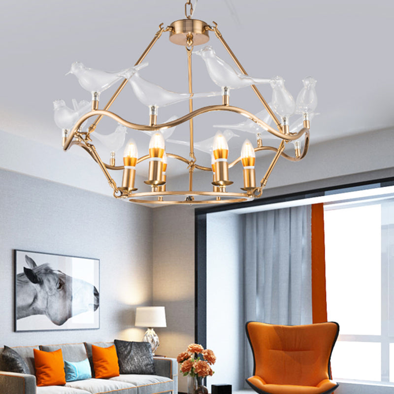 Postmodern Candle Chandelier Iron 6/9-Head Living Room Ceiling Hung Fixture in Gold with Clear Glass Birds 6 Gold Clearhalo 'Ceiling Lights' 'Chandeliers' 'Modern Chandeliers' 'Modern' Lighting' 154770