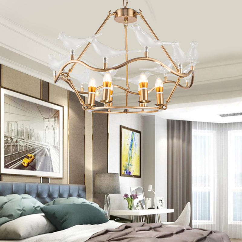 Postmodern Candle Chandelier Iron 6/9-Head Living Room Ceiling Hung Fixture in Gold with Clear Glass Birds Clearhalo 'Ceiling Lights' 'Chandeliers' 'Modern Chandeliers' 'Modern' Lighting' 154771