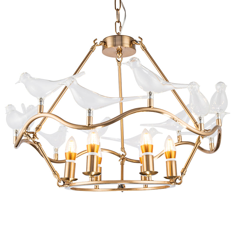 Postmodern Candle Chandelier Iron 6/9-Head Living Room Ceiling Hung Fixture in Gold with Clear Glass Birds Clearhalo 'Ceiling Lights' 'Chandeliers' 'Modern Chandeliers' 'Modern' Lighting' 154772