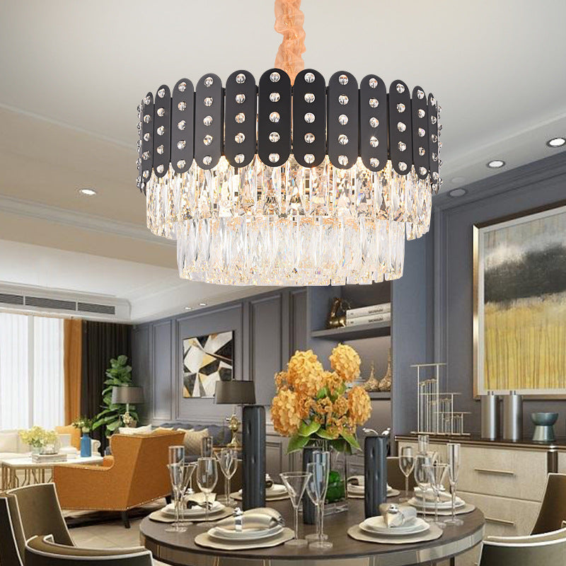 12 Lights Round Chandelier Pendant Light Vintage Metal Hanging Light with Crystal Block in Black Finish Black Clearhalo 'Ceiling Lights' 'Chandeliers' 'Modern Chandeliers' 'Modern' Lighting' 154775