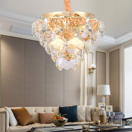 Multi Layer Hanging Ceiling Light with Faceted Crystal Modern 14 Lights Pendant Lamp in Gold for Living Room Gold Clearhalo 'Ceiling Lights' 'Chandeliers' 'Modern Chandeliers' 'Modern' Lighting' 154791