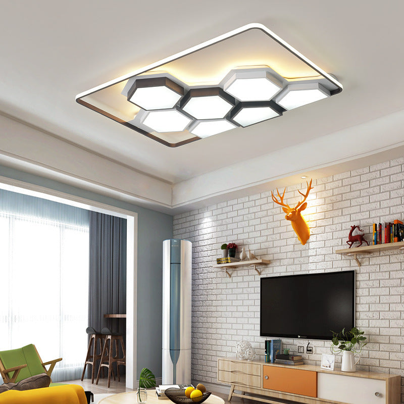 19.5"/35.5" Wide Honeycomb Metal Flush Ceiling Light Modernism Black and White Living Room LED Ceiling Light Fixture in Warm/White Black-White 35.5" Clearhalo 'Ceiling Lights' 'Close To Ceiling Lights' 'Close to ceiling' 'Flush mount' Lighting' 154795