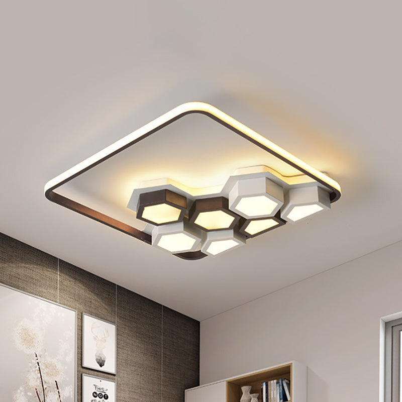 19.5"/35.5" Wide Honeycomb Metal Flush Ceiling Light Modernism Black and White Living Room LED Ceiling Light Fixture in Warm/White Black-White 19.5" Clearhalo 'Ceiling Lights' 'Close To Ceiling Lights' 'Close to ceiling' 'Flush mount' Lighting' 154800