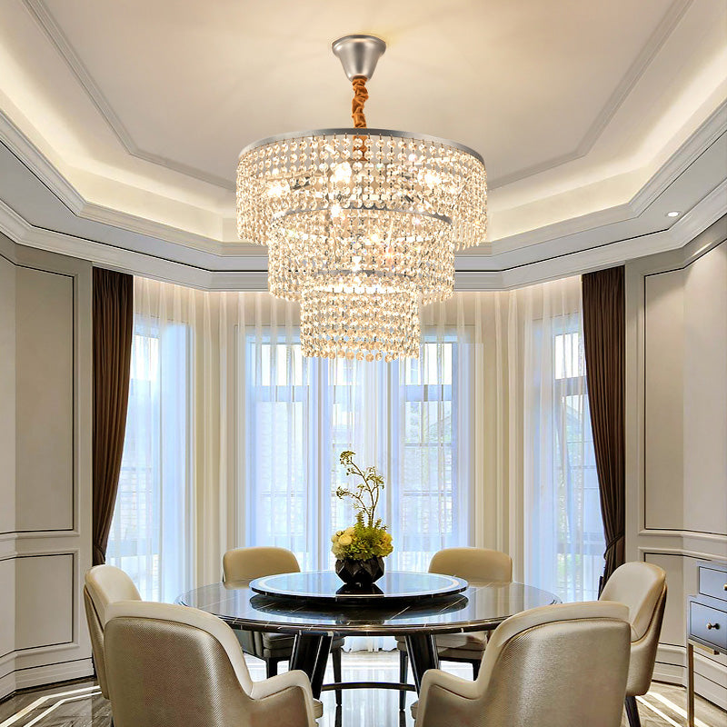 4/5/6 Lights Tiered Chandelier Lighting Contemporary Clear Crystal Hanging Ceiling Light in Chrome, 12"/16"/21.5" Wide Chrome 21.5" Clearhalo 'Ceiling Lights' 'Chandeliers' 'Modern Chandeliers' 'Modern' Lighting' 154829