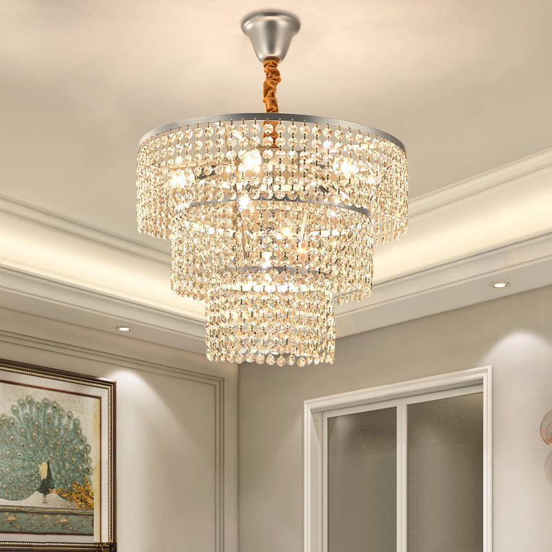 4/5/6 Lights Tiered Chandelier Lighting Contemporary Clear Crystal Hanging Ceiling Light in Chrome, 12"/16"/21.5" Wide Clearhalo 'Ceiling Lights' 'Chandeliers' 'Modern Chandeliers' 'Modern' Lighting' 154830