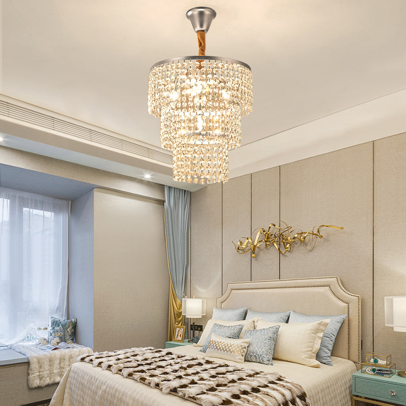 4/5/6 Lights Tiered Chandelier Lighting Contemporary Clear Crystal Hanging Ceiling Light in Chrome, 12"/16"/21.5" Wide Chrome 16" Clearhalo 'Ceiling Lights' 'Chandeliers' 'Modern Chandeliers' 'Modern' Lighting' 154833