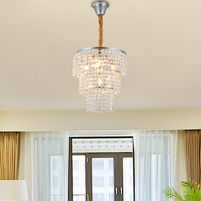 4/5/6 Lights Tiered Chandelier Lighting Contemporary Clear Crystal Hanging Ceiling Light in Chrome, 12"/16"/21.5" Wide Chrome 12" Clearhalo 'Ceiling Lights' 'Chandeliers' 'Modern Chandeliers' 'Modern' Lighting' 154837