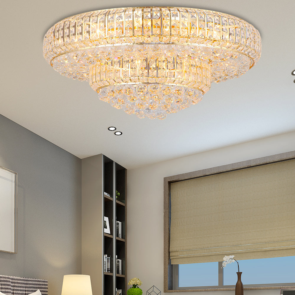 Gold Finish Round Flush Ceiling Light Modern Style Clear Crystal Flush Mount Chandelier for Living Room Gold 23.5" Clearhalo 'Ceiling Lights' 'Close To Ceiling Lights' 'Close to ceiling' 'Flush mount' Lighting' 154860