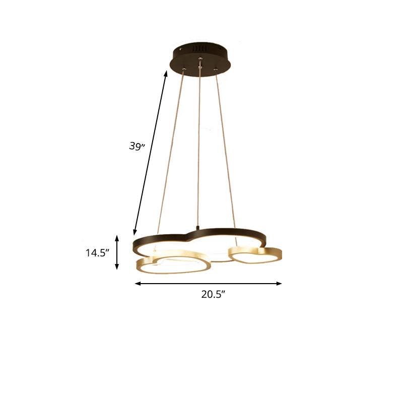 Acrylic Heart-Shaped Chandelier Pendant Light Modern 3-Head LED Hanging Lamp in Black and Gold Clearhalo 'Ceiling Lights' 'Chandeliers' 'Modern Chandeliers' 'Modern' Lighting' 154869