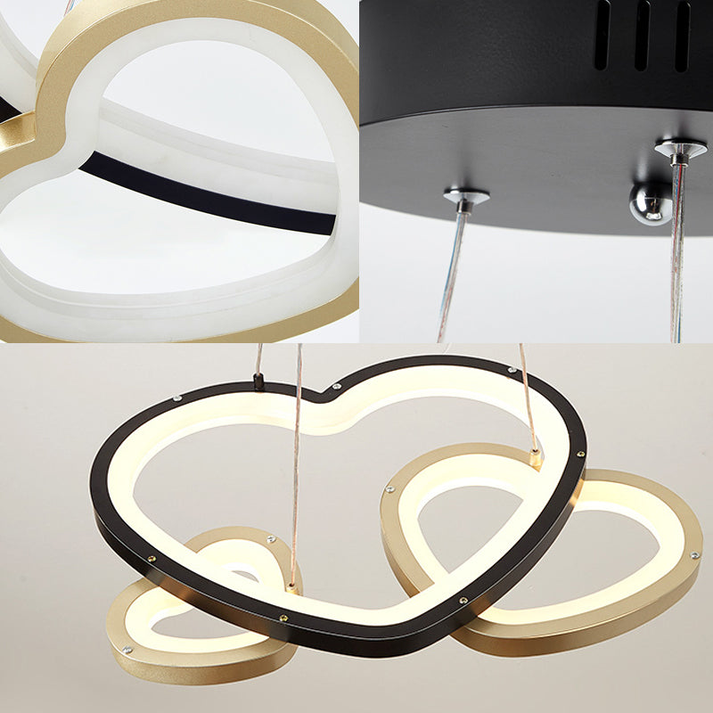 Acrylic Heart-Shaped Chandelier Pendant Light Modern 3-Head LED Hanging Lamp in Black and Gold Clearhalo 'Ceiling Lights' 'Chandeliers' 'Modern Chandeliers' 'Modern' Lighting' 154870