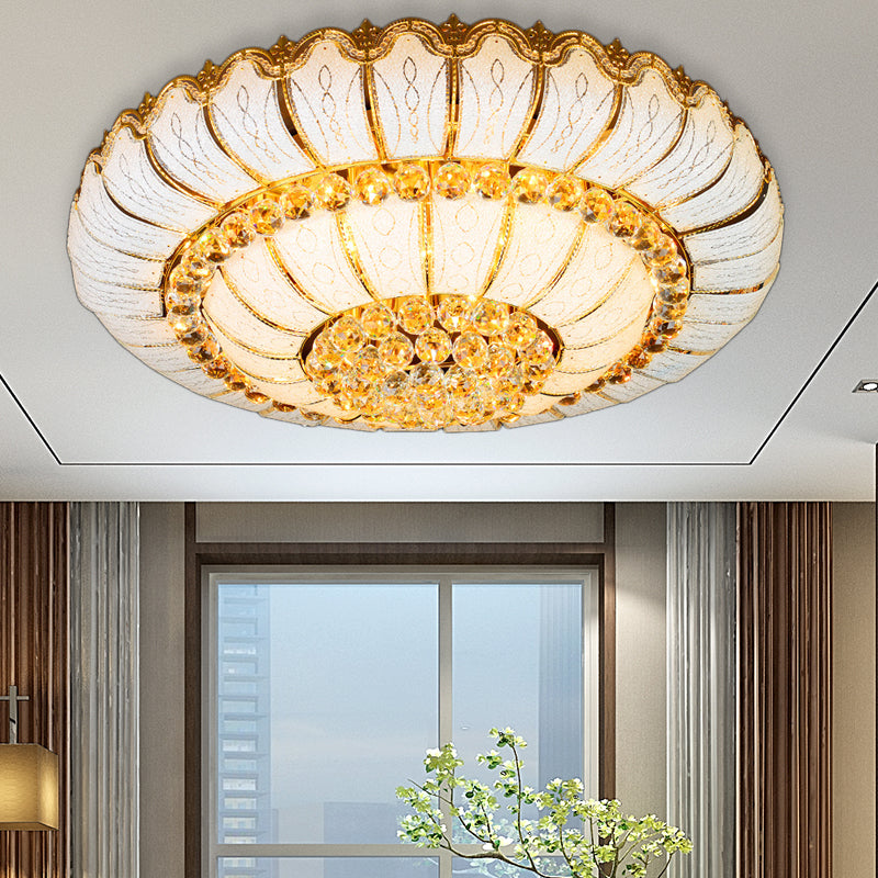 10/19 Lights K9 Crystal Flush Mount Light with Glass Round Shade Modern Flush Ceiling Lamp in Gold, 18"/23.5" Wide Clearhalo 'Ceiling Lights' 'Close To Ceiling Lights' 'Close to ceiling' 'Flush mount' Lighting' 154881