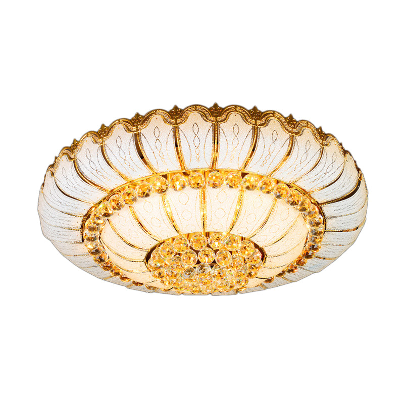 10/19 Lights K9 Crystal Flush Mount Light with Glass Round Shade Modern Flush Ceiling Lamp in Gold, 18"/23.5" Wide Clearhalo 'Ceiling Lights' 'Close To Ceiling Lights' 'Close to ceiling' 'Flush mount' Lighting' 154884