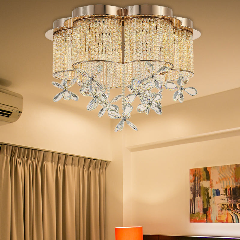 Gold Flower Shade Flushmount Lighting Modern Clear Crystal and Metal LED Flush Pendant Light, 19.5"/23.5" Wide Clearhalo 'Ceiling Lights' 'Close To Ceiling Lights' 'Close to ceiling' 'Flush mount' Lighting' 154889