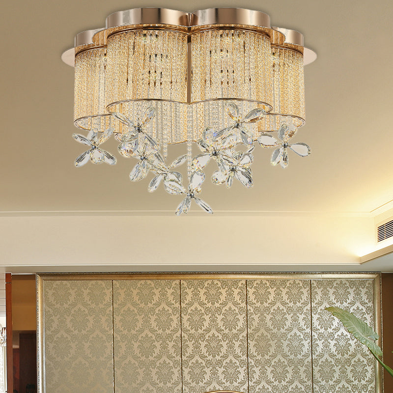 Gold Flower Shade Flushmount Lighting Modern Clear Crystal and Metal LED Flush Pendant Light, 19.5"/23.5" Wide Clearhalo 'Ceiling Lights' 'Close To Ceiling Lights' 'Close to ceiling' 'Flush mount' Lighting' 154890