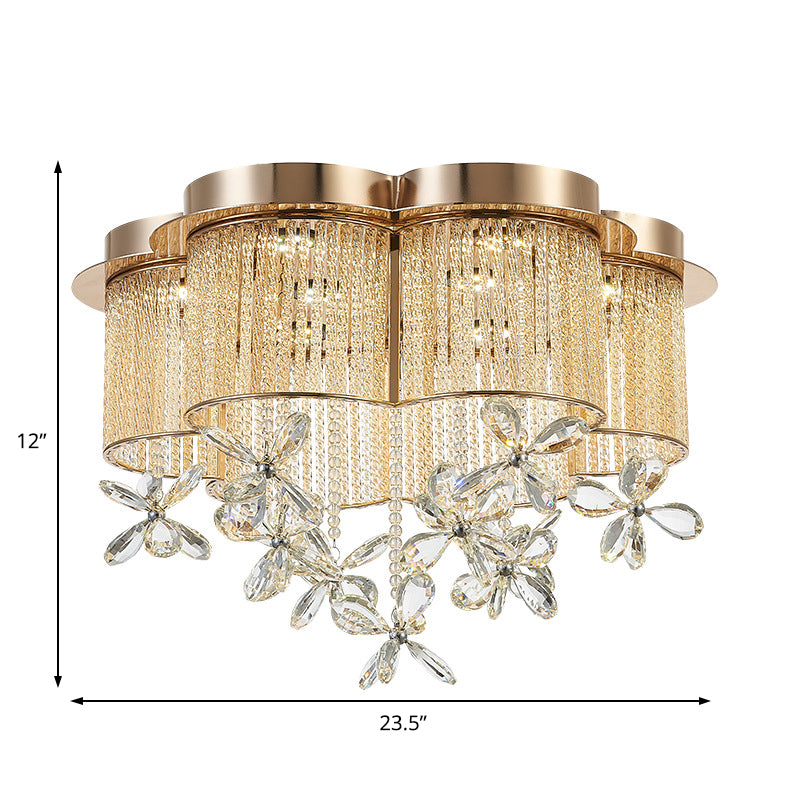 Gold Flower Shade Flushmount Lighting Modern Clear Crystal and Metal LED Flush Pendant Light, 19.5"/23.5" Wide Clearhalo 'Ceiling Lights' 'Close To Ceiling Lights' 'Close to ceiling' 'Flush mount' Lighting' 154894